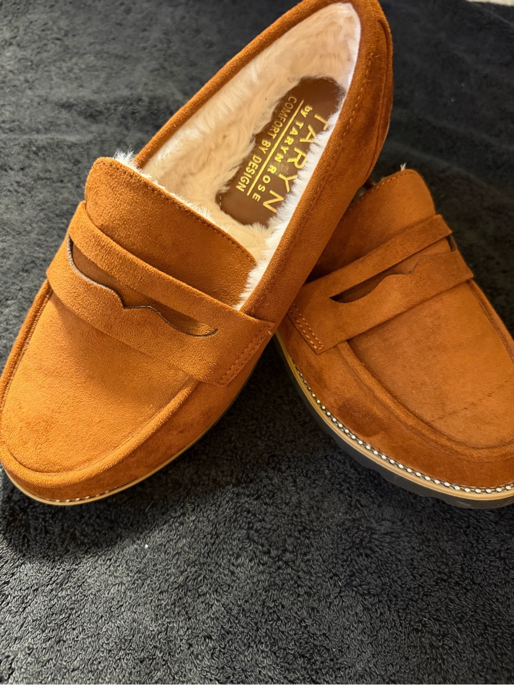 Taryn by Taryn Rose Brown Suede Fur Shearling 8 1/2 Penny Loafers